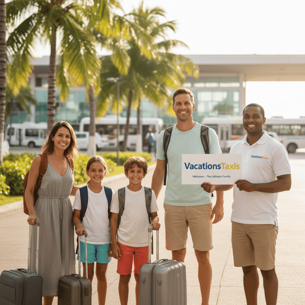 Familia reuniéndose con su anfitrión de VacationsTaxis antes de su traslado privado.