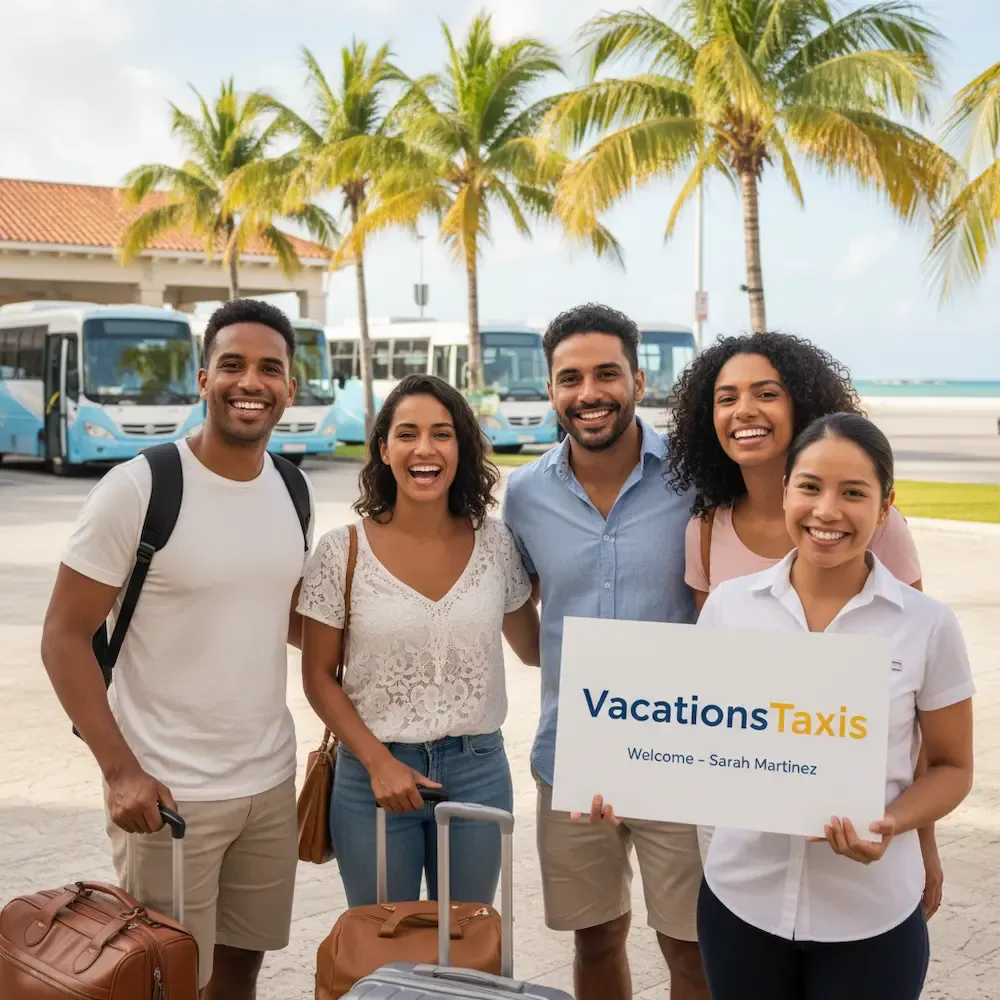 Group arriving in Punta Cana greeted by airport transportation representative.
