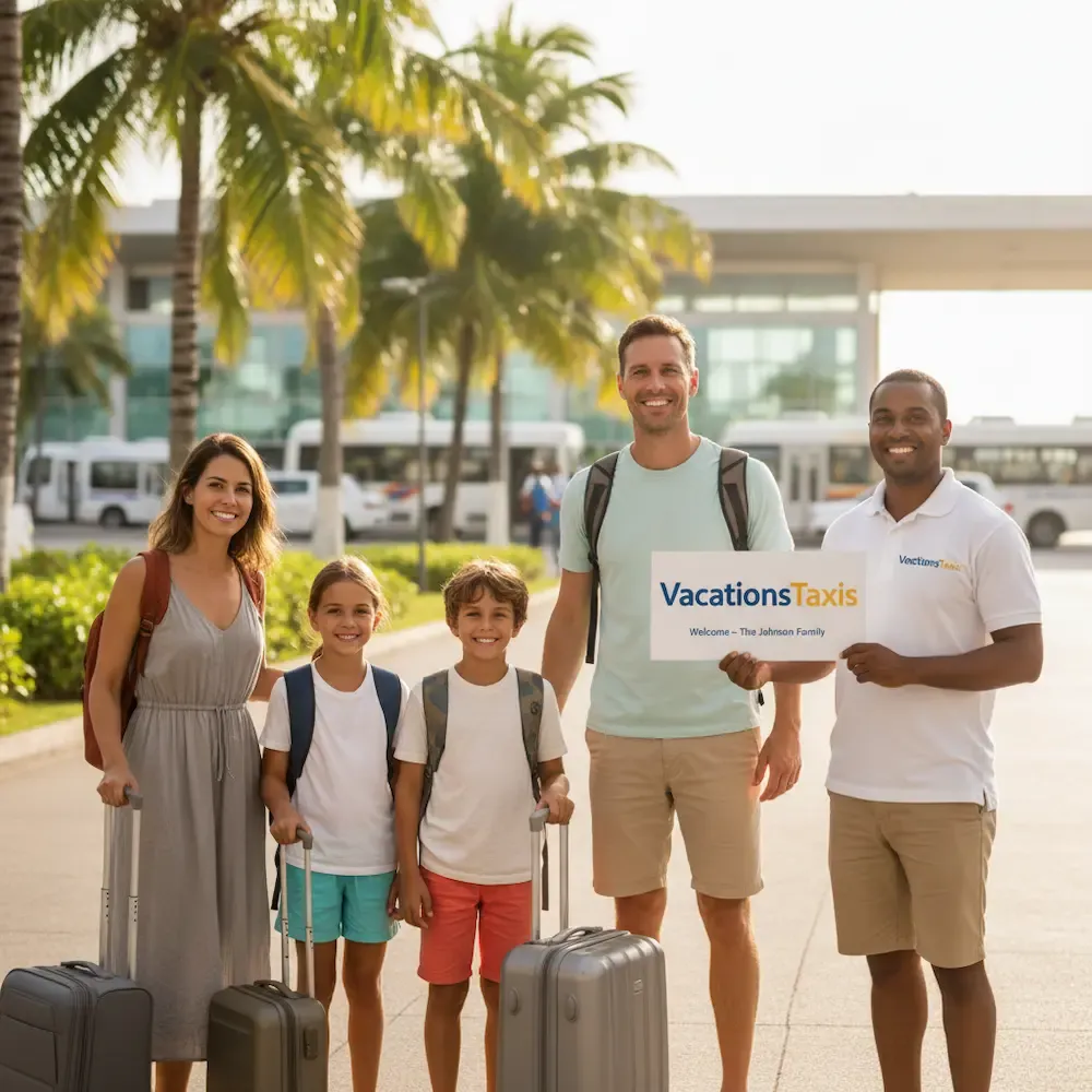 Airport transfer in Punta Cana with professional driver and happy travelers.